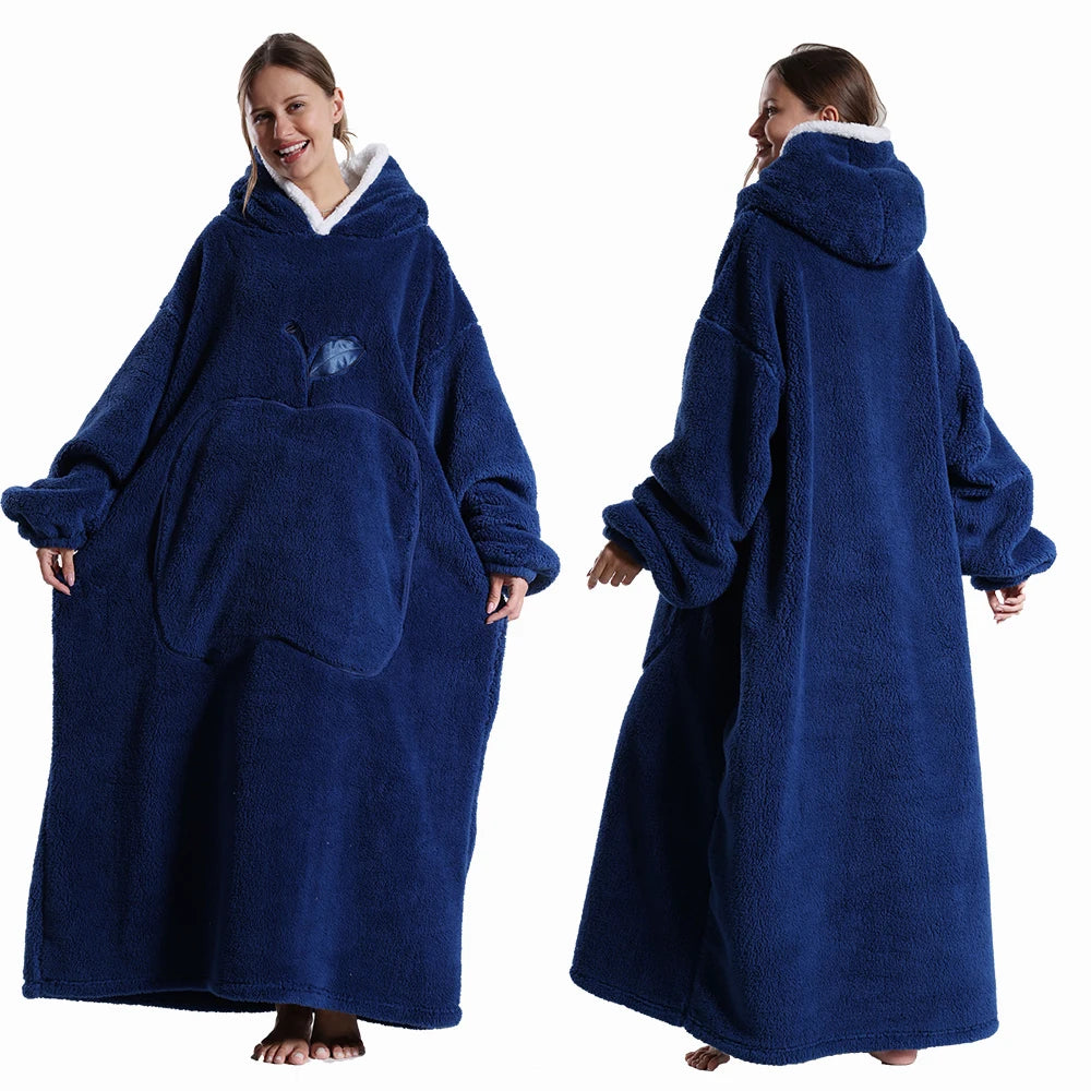 CozyHug Extra-Long Wearable Blanket – Flannel Hooded Sleeve Throw for Winter Warmth