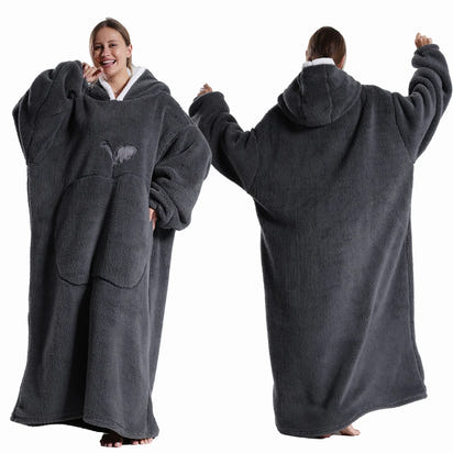 CozyHug Extra-Long Wearable Blanket – Flannel Hooded Sleeve Throw for Winter Warmth