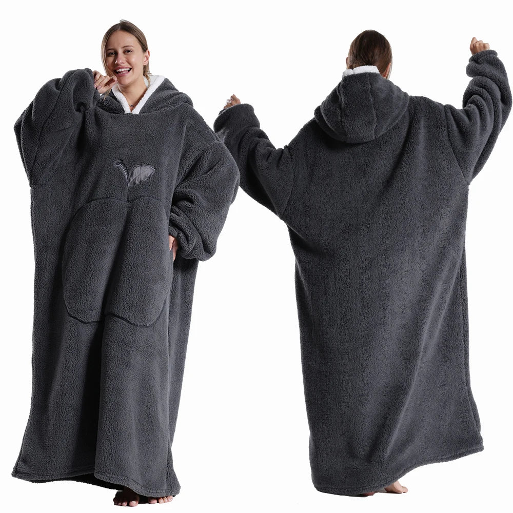 CozyHug Extra-Long Wearable Blanket – Flannel Hooded Sleeve Throw for Winter Warmth