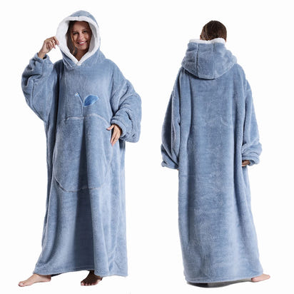 CozyHug Extra-Long Wearable Blanket – Flannel Hooded Sleeve Throw for Winter Warmth