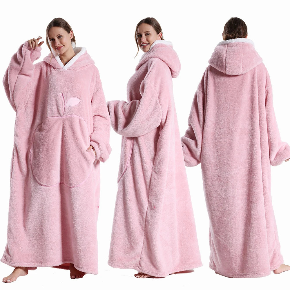 CozyHug Extra-Long Wearable Blanket – Flannel Hooded Sleeve Throw for Winter Warmth