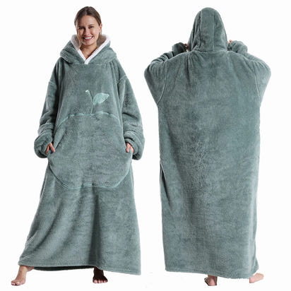 CozyHug Extra-Long Wearable Blanket – Flannel Hooded Sleeve Throw for Winter Warmth