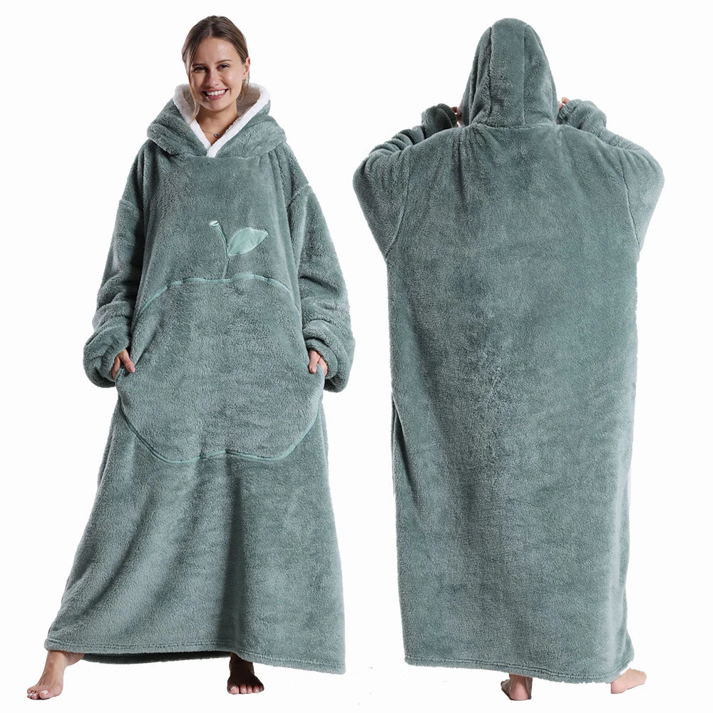 CozyHug Extra-Long Wearable Blanket – Flannel Hooded Sleeve Throw for Winter Warmth