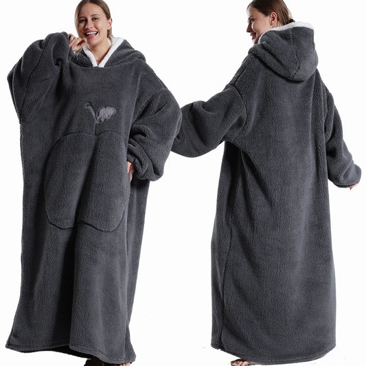 CozyHug Extra-Long Wearable Blanket – Flannel Hooded Sleeve Throw for Winter Warmth