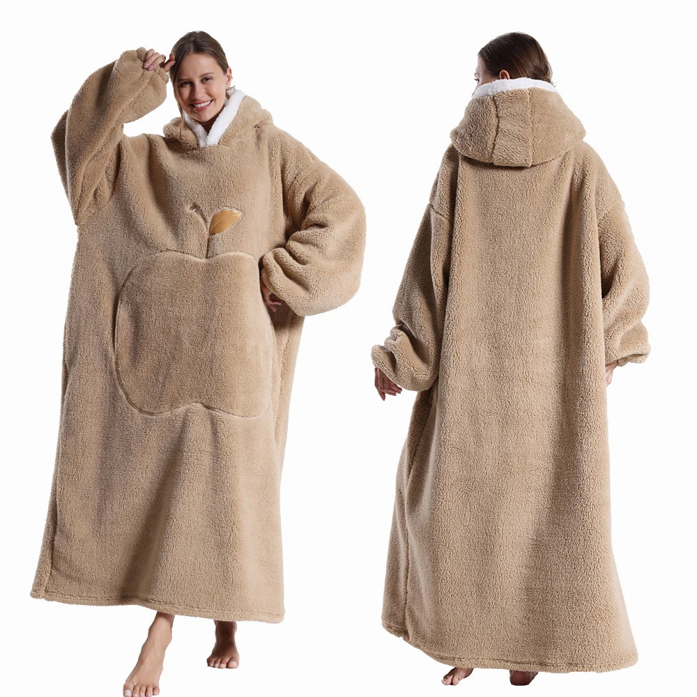 CozyHug Extra-Long Wearable Blanket – Flannel Hooded Sleeve Throw for Winter Warmth