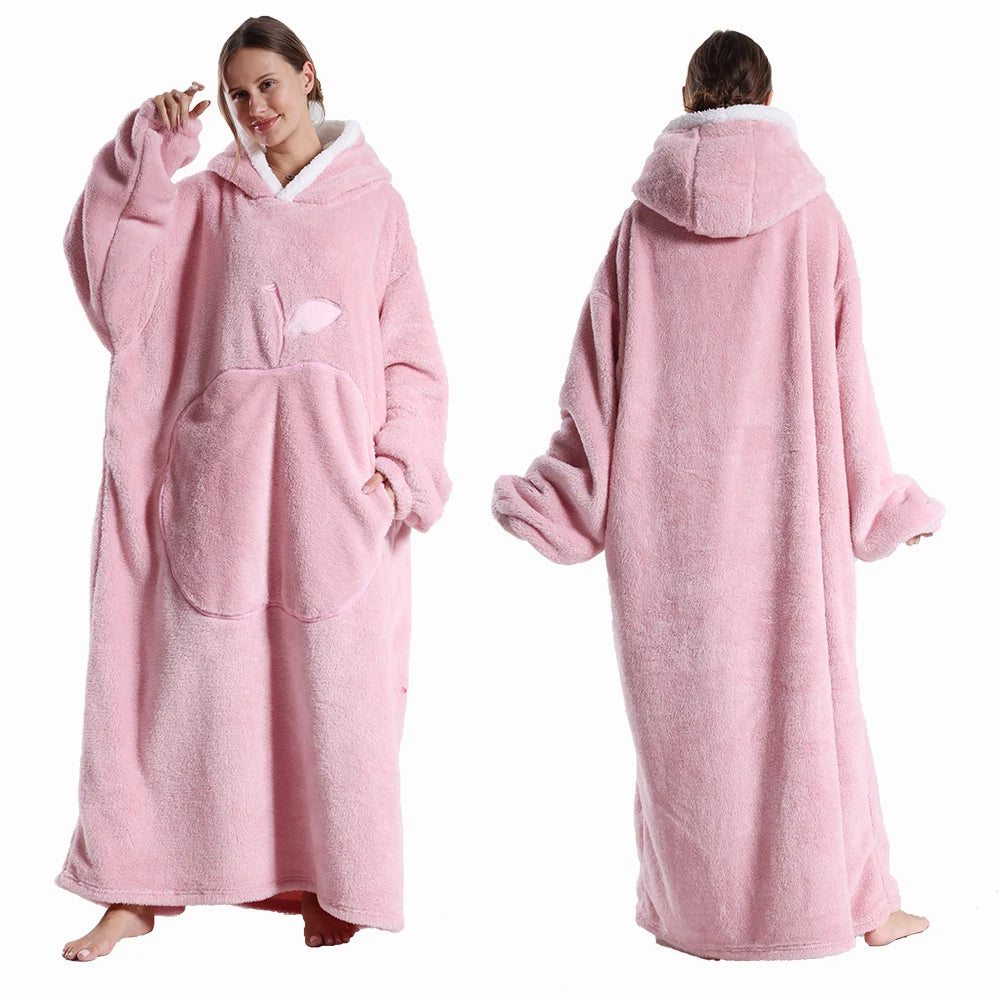 CozyHug Extra-Long Wearable Blanket – Flannel Hooded Sleeve Throw for Winter Warmth