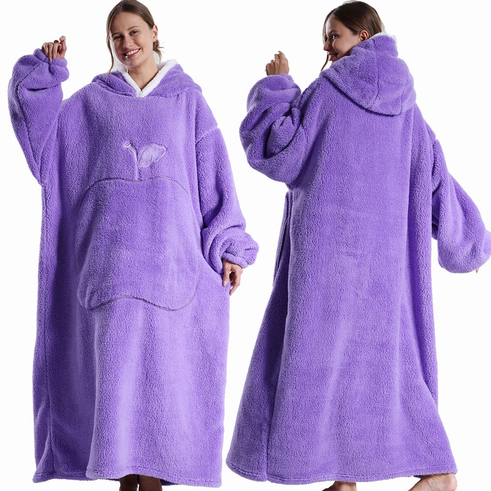 CozyHug Extra-Long Wearable Blanket – Flannel Hooded Sleeve Throw for Winter Warmth